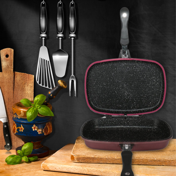 Cheffinger CF-DG36: Marmeren omkeerbare dubbele grillpan - 36cm Zwart - Afbeelding 3