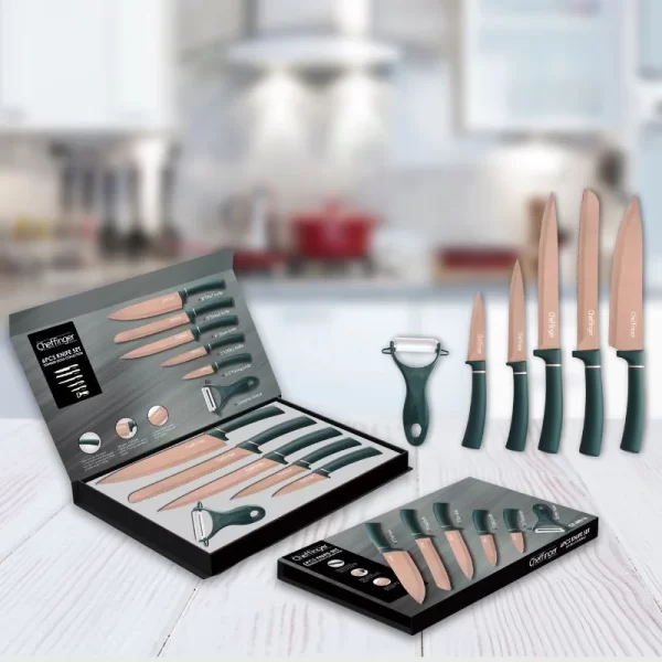 Cheffinger CF-MB10: 6-Delige Messenset met Marmercoating - Titanium Gold-collectie + Groen - Afbeelding 2