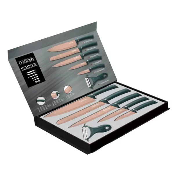 Cheffinger CF-MB10: 6-Delige Messenset met Marmercoating - Titanium Gold-collectie + Groen - Afbeelding 3