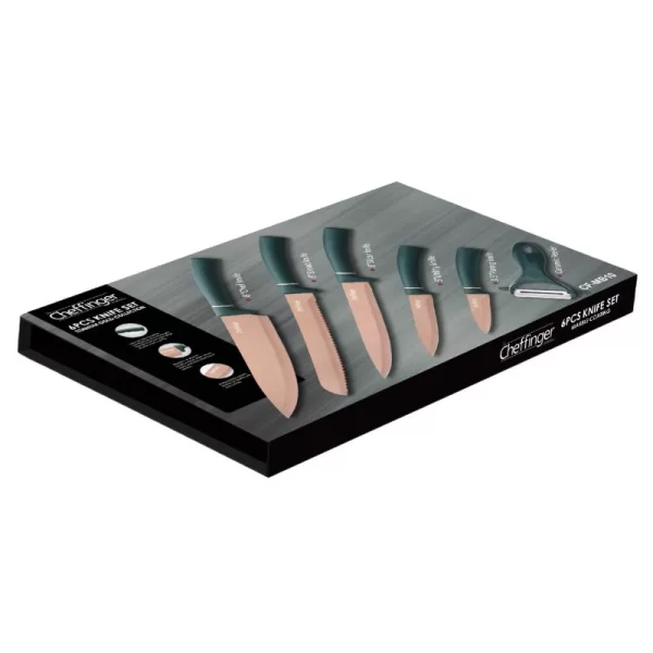 Cheffinger CF-MB10: 6-Delige Messenset met Marmercoating - Titanium Gold-collectie + Groen - Afbeelding 4