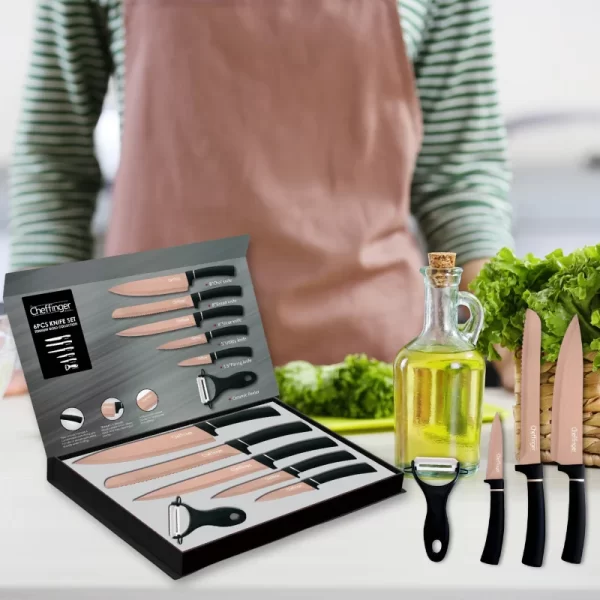 Cheffinger CF-MB12: 6-Delige Messenset Met Marmercoating - Titanium Gold-collectie + Zwart - Afbeelding 2