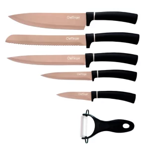 Cheffinger CF-MB12: 6-Delige Messenset Met Marmercoating - Titanium Gold-collectie + Zwart
