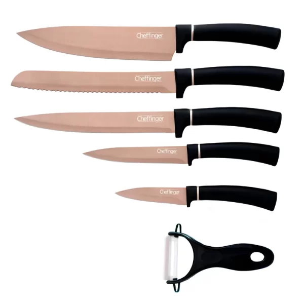 Cheffinger CF-MB12: 6-Delige Messenset Met Marmercoating - Titanium Gold-collectie + Zwart