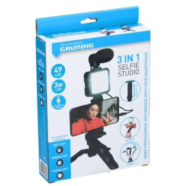 Grundig ED-38135: 3-in-1 Selfie Studio Vlogging Kit met Verlichting, Microfoon en Statief - Afbeelding 2