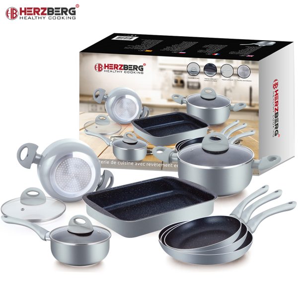 Herzberg Stuks Marmer Gecoate Pannenset - Zilver - Afbeelding 3