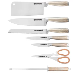 Herzberg HG-SKN8: 8-Delige RVS messenset + 360° inklapbare en draaibare acrylstandaard Geel