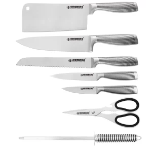 Herzberg HG-SKN8: 8-Delige RVS messenset + 360° inklapbare en draaibare acrylstandaard Zwart