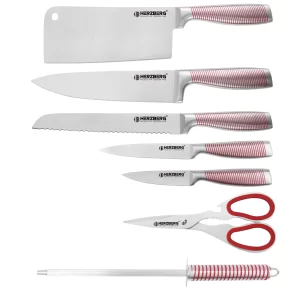 Herzberg HG-SKN8: 8-Delige RVS messenset + 360° inklapbare en draaibare acrylstandaard Rood