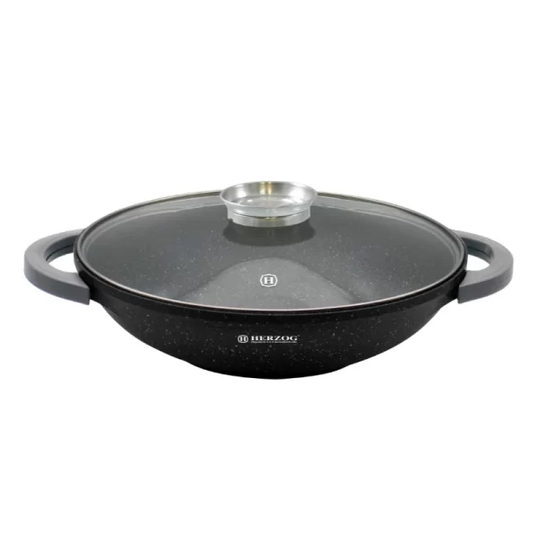 Herzog HR-5230: Wok van 36 cm met Marmercoating en Aromaknop van Glazen Deksel - 6.2L