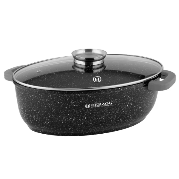Herzog HR-5232: 38cm Marmeren Braadpan met Glazen Deksel, Aromaknop - 8.4L