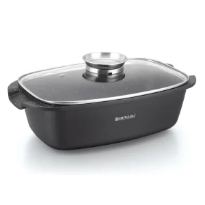 Herzog HR-ROS34M: Gegoten Steengecoate Braadpan van 34cm met Aromaknop van Glazen Deksel