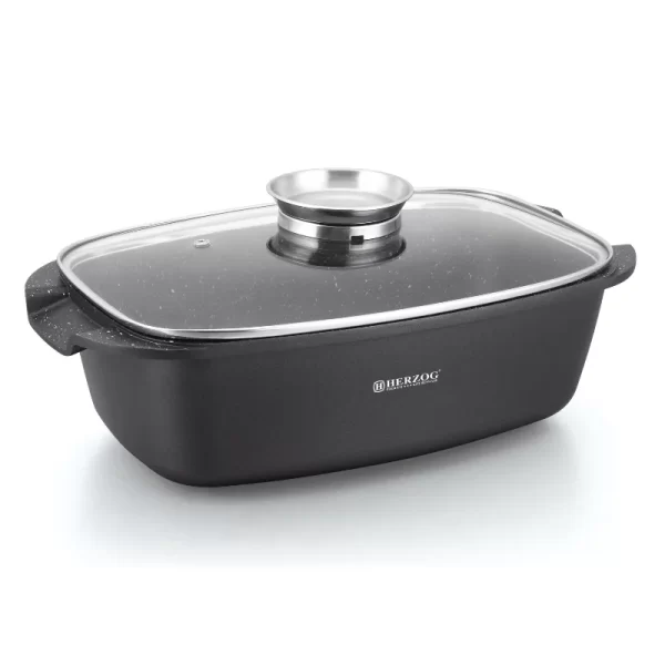 Herzog HR-ROS34M: Gegoten Steengecoate Braadpan van 34cm met Aromaknop van Glazen Deksel