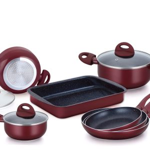 Herzberg HG-9016BR: 10 Stuks Marmer Gecoate Pannenset - Bourgondië