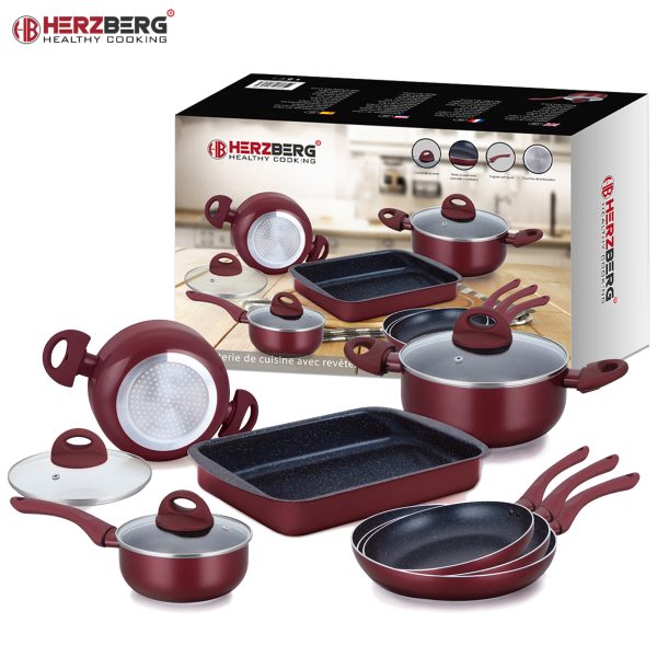 Herzberg HG-9016BR: 10 Stuks Marmer Gecoate Pannenset - Bourgondië - Afbeelding 3