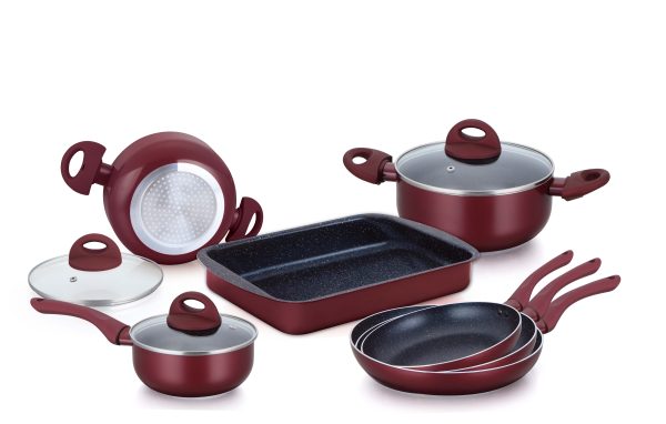 Herzberg HG-9016BR: 10 Stuks Marmer Gecoate Pannenset - Bourgondië