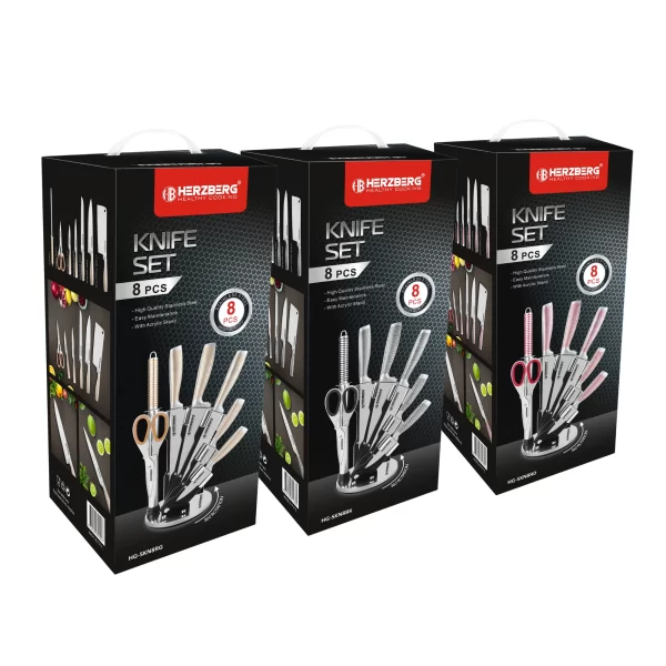 Herzberg HG-SKN8: 8-Delige RVS messenset + 360° inklapbare en draaibare acrylstandaard Geel - Afbeelding 2