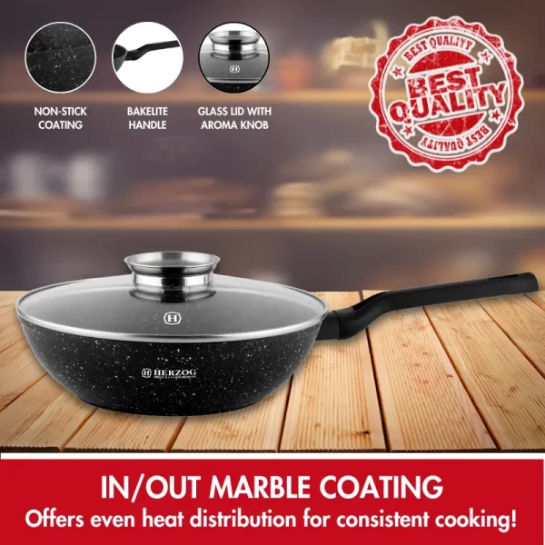 Herzog HR-2618: Wok van 32cm met Marmercoating en Glazen Deksel met Aromaknop - Afbeelding 2