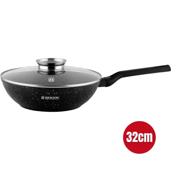 Herzog HR-2618: Wok van 32cm met Marmercoating en Glazen Deksel met Aromaknop - Afbeelding 3