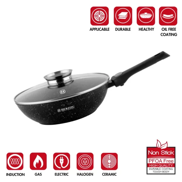Herzog HR-3617: Wok van 28 cm met Marmercoating, Deksel met Aromaknop en Afneembaar Handvat - Afbeelding 4