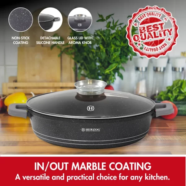 Herzog HR-5213: 32cm, Met Marmer Gecoate Ondiepe Braadpan met Aromaknop - 6.1L - Afbeelding 2