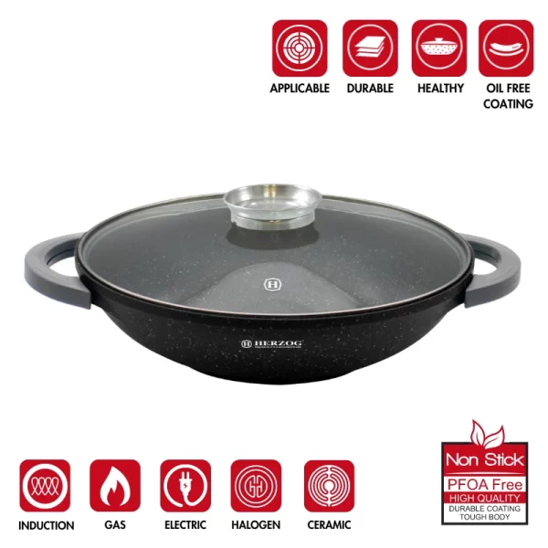 Herzog HR-5230: Wok van 36 cm met Marmercoating en Aromaknop van Glazen Deksel - 6.2L - Afbeelding 4