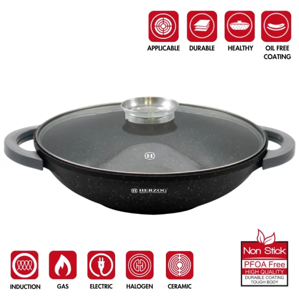 Herzog HR-5231: Wok van 40cm met Marmercoating en Aromaknop van Glazen Deksel - 8.5L - Afbeelding 4