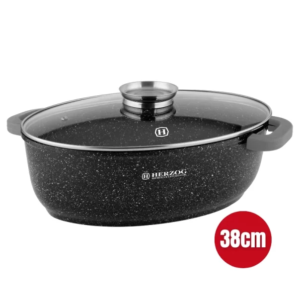 Herzog HR-5232: 38cm Marmeren Braadpan met Glazen Deksel, Aromaknop - 8.4L - Afbeelding 3