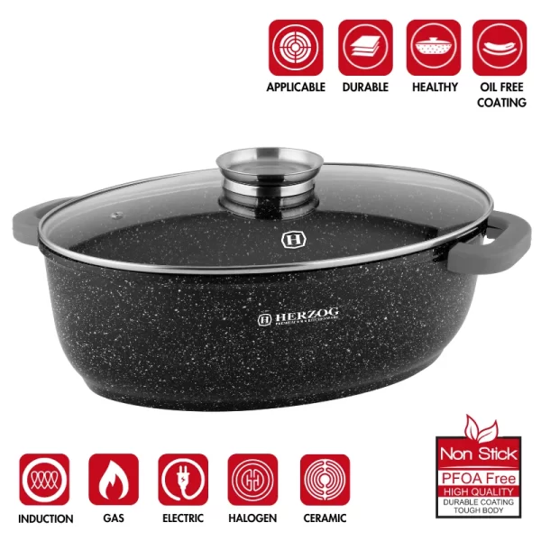Herzog HR-5232: 38cm Marmeren Braadpan met Glazen Deksel, Aromaknop - 8.4L - Afbeelding 4