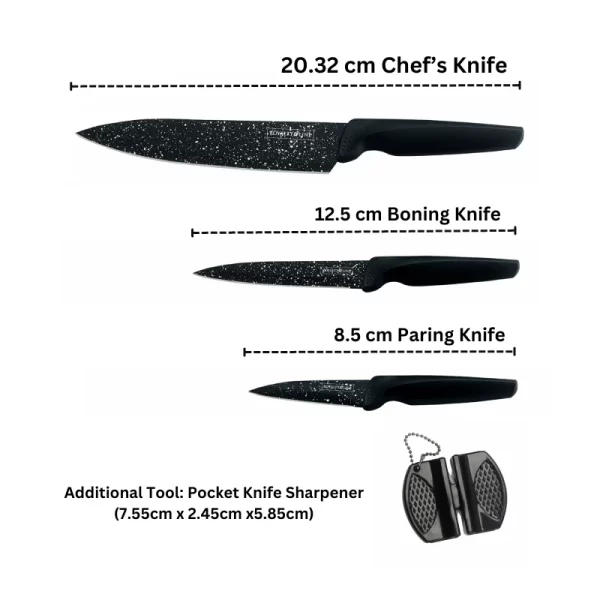 Royalty Line RL-MB3B: 3-Delige Marmeren Gecoate Keuken Messenset Met Zak Messenslijper - Afbeelding 4