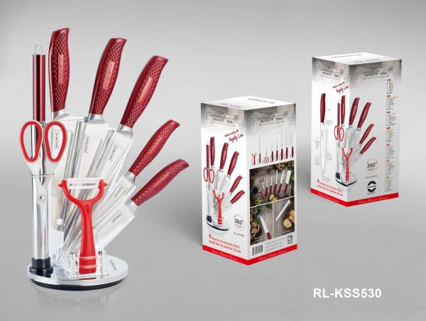 Royalty Line RL-KSS530: 9-Delige Messenblok Met Roterende Houder - Rood - Afbeelding 2