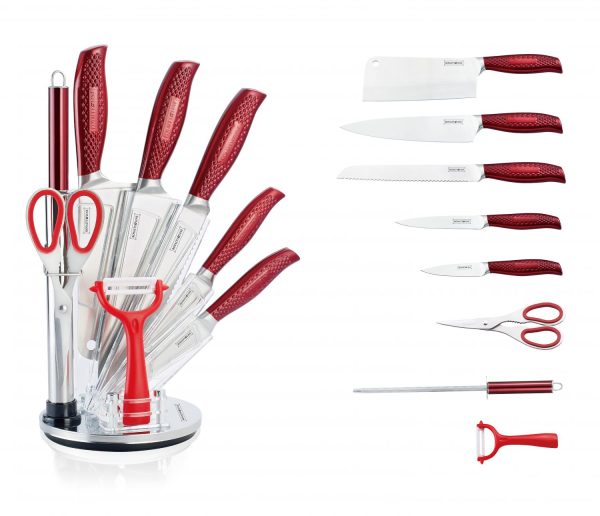 Royalty Line RL-KSS530: 9-Delige Messenblok Met Roterende Houder - Rood