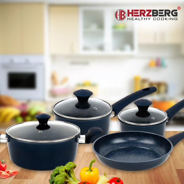 Herzberg HG-04685BLU: 7-Delige Gietijzeren Pannenset Met Marmercoating - Blauw - Afbeelding 2