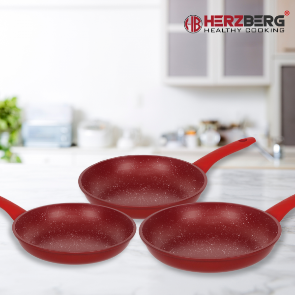 Herzberg HG-04807RED: 3-Delige Met Marmer Gecoate Gesmede Koekenpannenset - Rood - Afbeelding 2