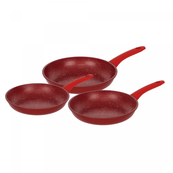 Herzberg HG-04807RED: 3-Delige Met Marmer Gecoate Gesmede Koekenpannenset - Rood