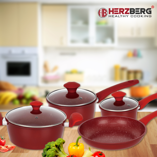 Herzberg HG-04715RED: 7-Delige Gietijzeren Pannenset Met Marmercoating - Zwart - Afbeelding 2