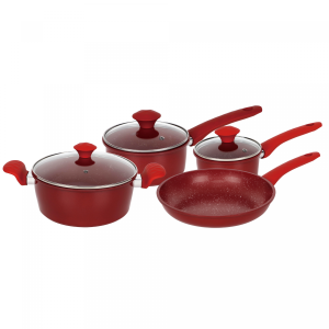 Herzberg HG-04715RED: 7-Delige Gietijzeren Pannenset Met Marmercoating - Zwart