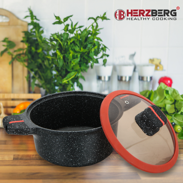 Herzberg HG-RSCAS32: Braadpan Met Granietcoating En Glazen Deksel - 32cm - Afbeelding 2