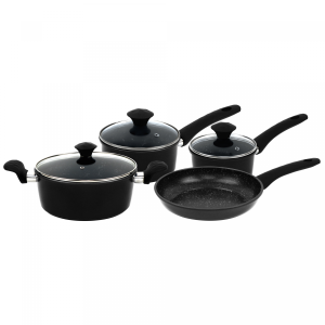 Herzberg HG-04654BLK:7-Delige Gietijzeren Pannenset Met Marmercoating - Zwart