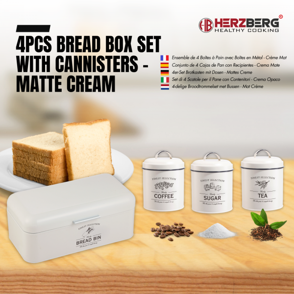 Herzberg HG-04418: 4-Delige Vintage Broodtrommel en Bussen Set - Mat Crème - Afbeelding 2