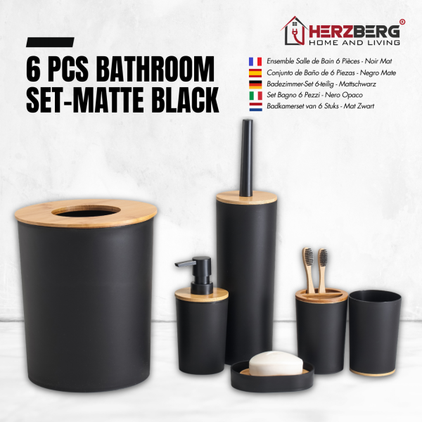 Herzberg HG-04456: 6-delige Bamboeset Voor De Badkamer - Mat Zwart - Afbeelding 2