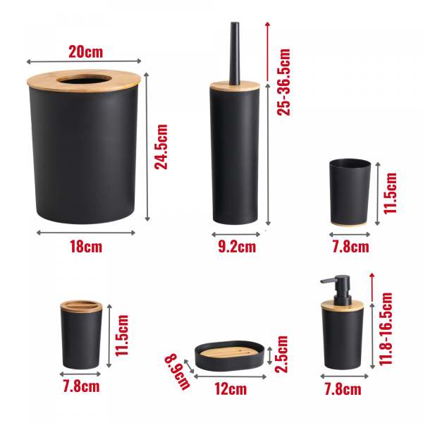 Herzberg HG-04456: 6-delige Bamboeset Voor De Badkamer - Mat Zwart - Afbeelding 4