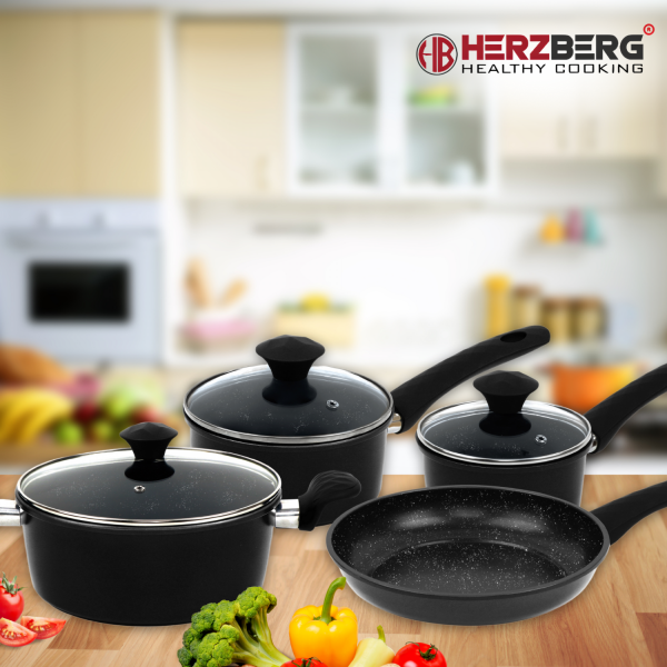 Herzberg HG-04654BLK:7-Delige Gietijzeren Pannenset Met Marmercoating - Zwart - Afbeelding 2