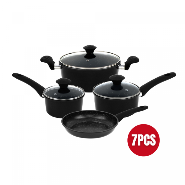 Herzberg HG-04654BLK:7-Delige Gietijzeren Pannenset Met Marmercoating - Zwart - Afbeelding 3