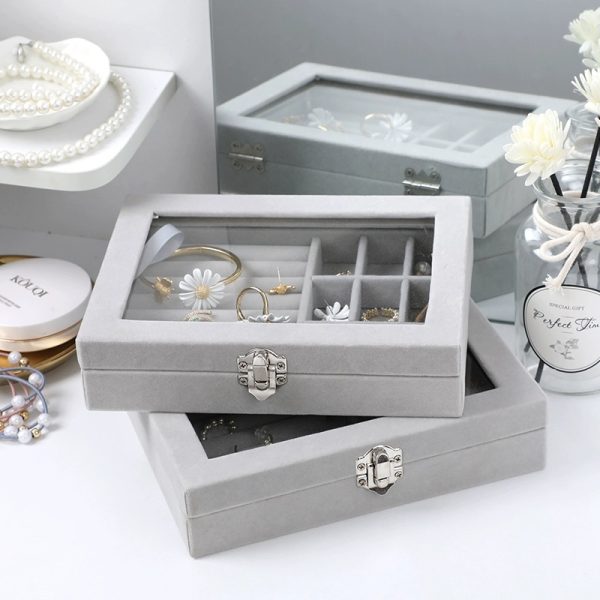 Herzberg HG-05361: Fluwelen Sieraden Organiser met Glazen Deksel - 9 Roosters + 7 Ringen - Afbeelding 2