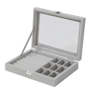 Herzberg HG-05361: Fluwelen Sieraden Organiser met Glazen Deksel - 9 Roosters + 7 Ringen