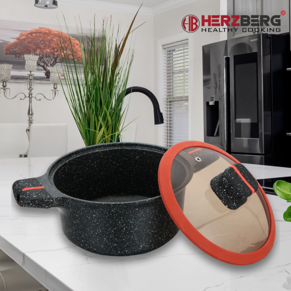 Herzberg HG-RSCAS24: Braadpan Met Granietcoating En Glazen Deksel - 24cm - Afbeelding 2