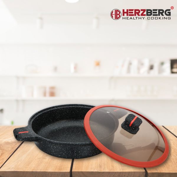 Herzberg HG-RSSLW28: Ondiepe Braadpan Met Granietcoating En Glazen Deksel - 28cm - Afbeelding 2